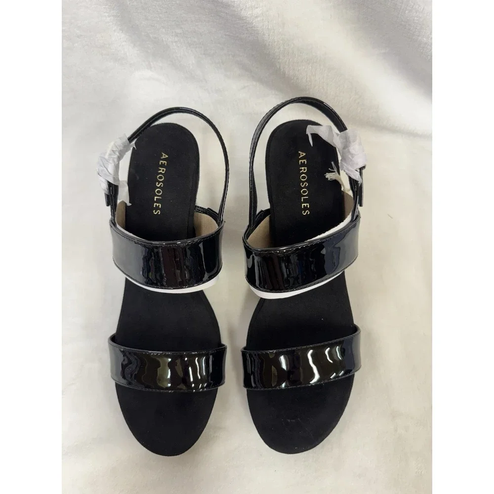Aerosoles Petra Women's Wedge Sandals Black Patent Faux Leather Size 9.5